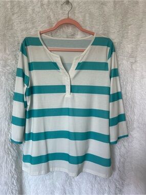 Striped Turquoise and White Henley Top - Women
